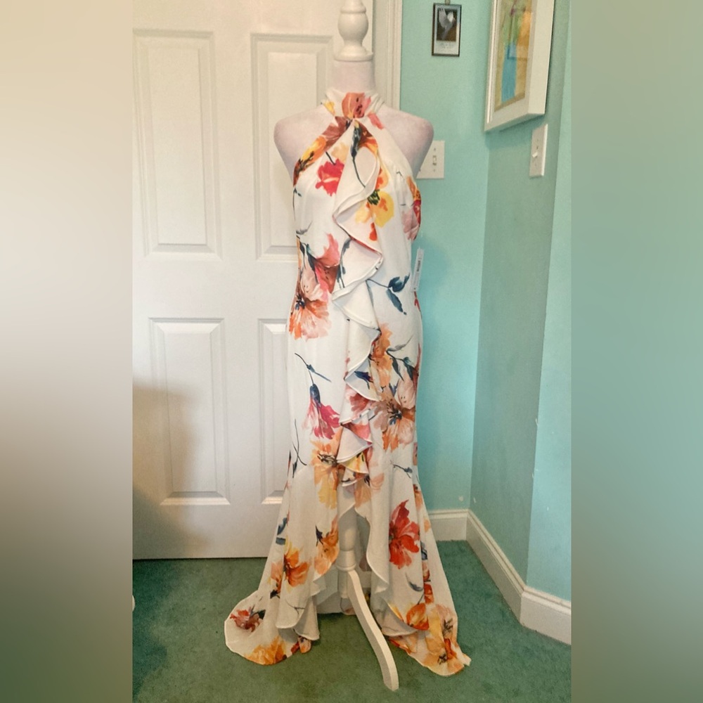 Premier White Floral Backless Halter Ruffle Maxi Dress